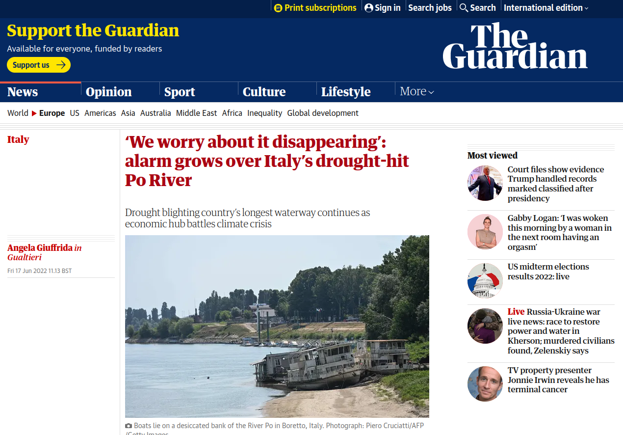 Screenshot of guardian article on 2022 Italian snow drought